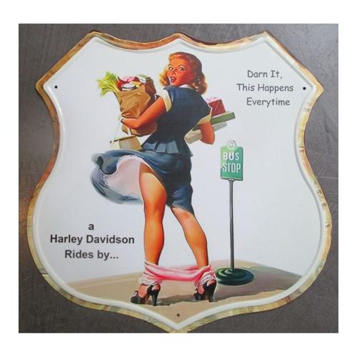 Plaque Publicitaire Blason Pin Up En Facheuse Posture Humour Biker 30x30 Cm Tole Deco