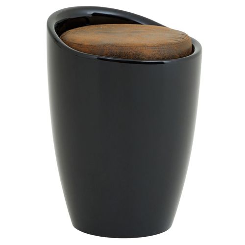 Tabouret Daniel Pouf Rond Avec Rangement Et Assise Rembourrée, Structure En Plastique Noir Et Revêtement En Tissu Brun Vintage