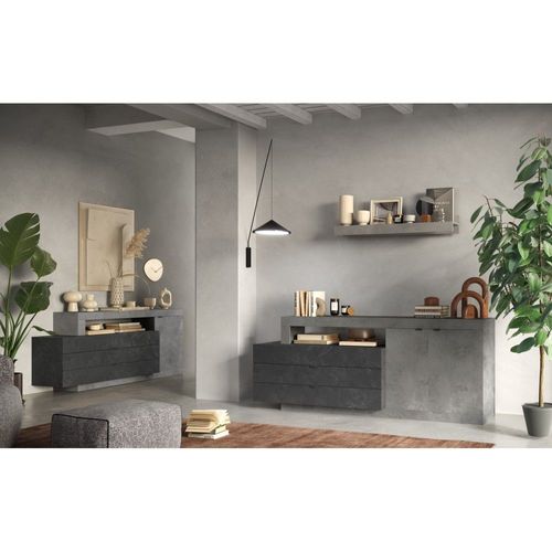 Buffet 1 Porte 3 Tiroirs Collection Domi. Coloris Effet Béton Et Gris Anthracite