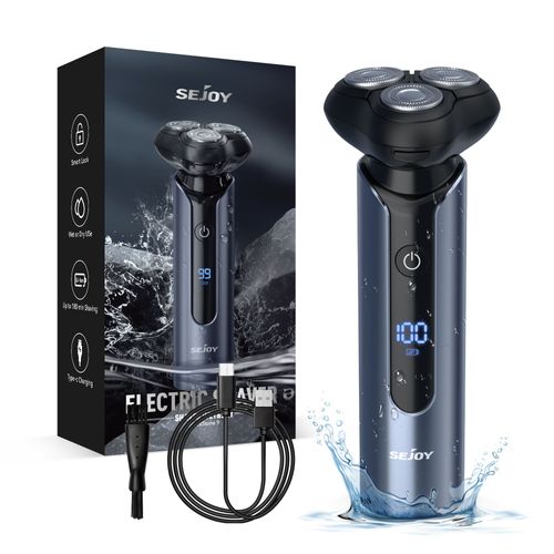 Sejoy Rasoir Électrique Flottant Homme, 2 Mode Tondeuse Barbe Ipx7 Étanche Humide Et Sec 3d Têtes Rotatives Avec Ecran Led - Bleu