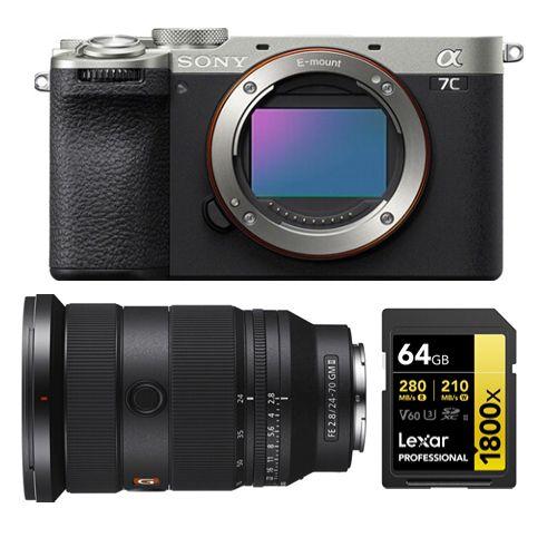 Sony Alpha A7C II Corps Argent + Sony FE 24-70mm f2.8 GM II + Lexar 64 Go Carte mémoire SDXC professionnelle 1800x UHS-II