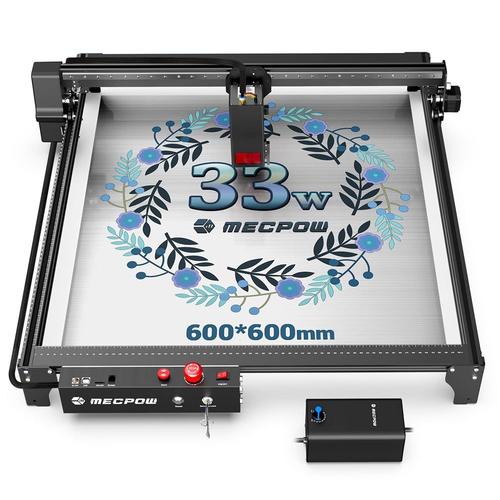 Graveur laser Mecpow X5 Pro,puissance laser 33W,assistance aérienne,point laser 0,08 x 0,1 mm,vitesse de gravure 28 000mm/min, verrouillage de sécurité,arrêt d'urgence,détection de flamme,600x600mm