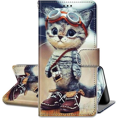 Coque Pour Huawei P30 Lite Motifs 3d Housse Portefeuille En Cuir Etui À Rabat Magnétique Slot De Carte Antichoc Cas De Téléphone Portable Pour Huawei P30 Lite Chat Bowknot