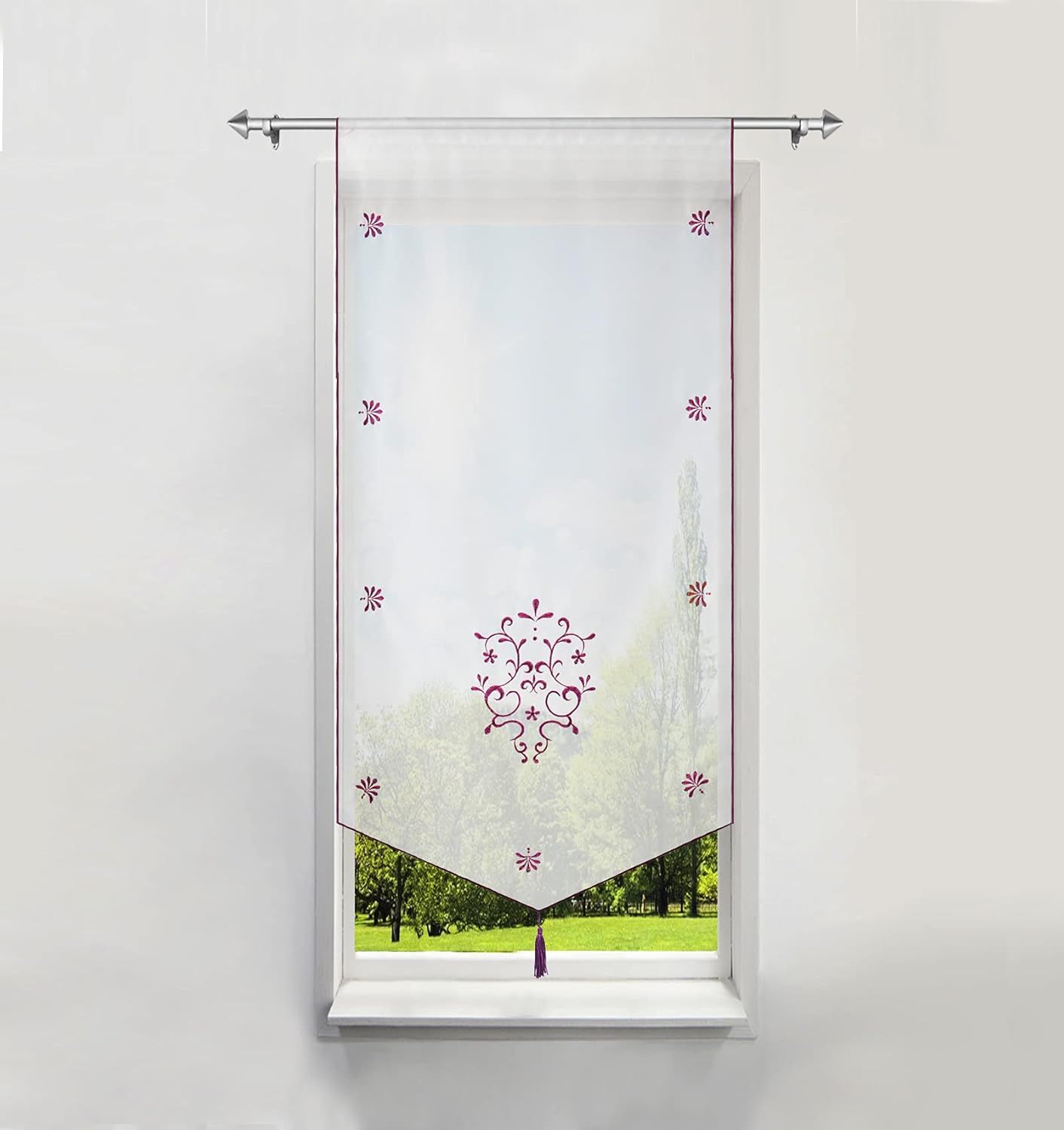 Rideau Voilage Brise-Bise En Polyester Broderie Fleurs Violet Lxh/6...