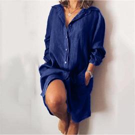 Robe chemise décontractée en coton et lin pour femme, longue