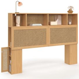 Tête de lit EDHEN 145 cm avec rangements fermés et niches cannage et bois