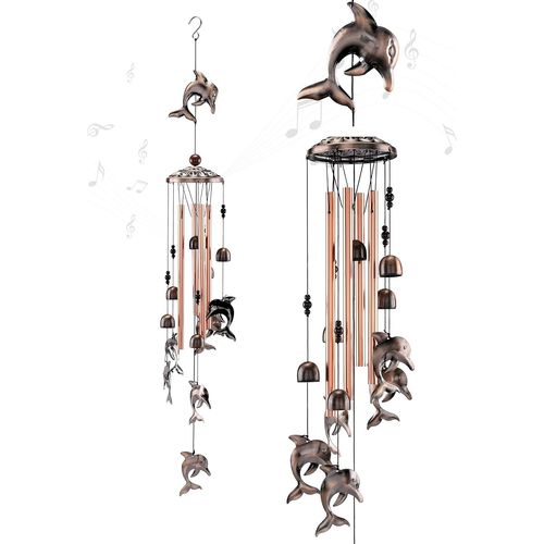 1 Carillon éolien dauphin suspendu en métal avec 4 tubes creux et 5 carillons éoliens en aluminium, carillon éolien vintage pour jardins intérieurs et extérieurs, bronze et or rose