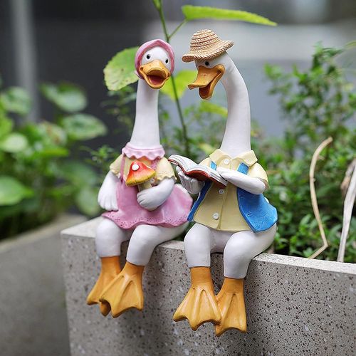 Ornement de jardin extérieur paire de canards, ornement de Sculpture d'animal de Couple de lecture 22cm, Statue de décoration de cour
