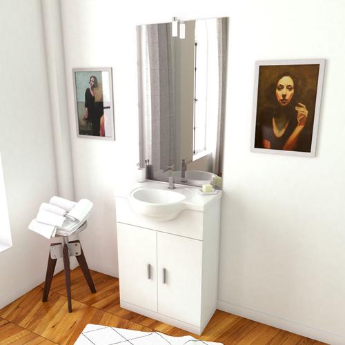 Meuble Salle De Bain Blanc 60 Cm Sur Pied + Vasque Ceramique Blanche + Miroir Applique Led