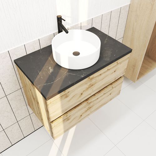 Meuble Salle De Bains 80cm Chêne Naturel 2 Tiroirs - Plan Effet Marbre Noir + Vasque Ronde Blanche