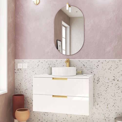Meuble Salle De Bains 80cm Laqué Blanc Et Or Doré 2 Tiroirs - Vasque Blanche - Miroir & Applique Led