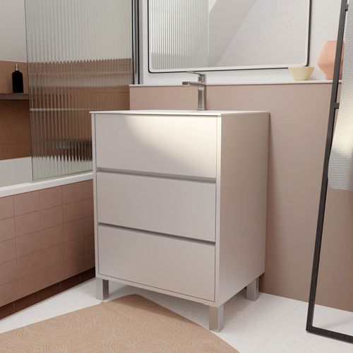 Pack Meuble Salle De Bains 60 Cm Laqué Blanc, 3 Tiroirs Avec Vasque Céramique - Xenos