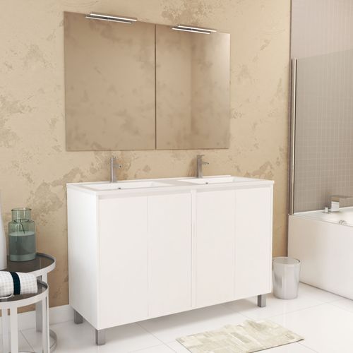 Meuble Salle De Bains 120 Cm Laqué Blanc 4 Portes, Vasque, Miroirs 60x80 Et Réglettes Led - Xenos