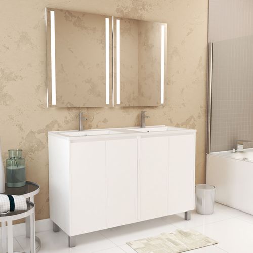 Meuble Salle De Bains 120 Cm Laqué Blanc 4 Portes, Vasque, Miroirs 60x80 À Leds Intégrées - Xenos