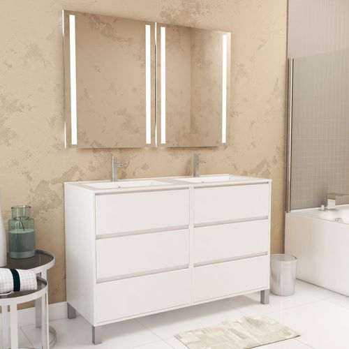 Meuble Salle De Bains 120 Cm Laqué Blanc 6 Tiroirs, Vasque, Miroirs 60x80 À Leds Intégrées - Xenos