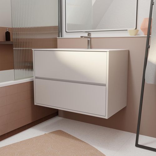 Pack Meuble Salle De Bains 80 Cm Laqué Blanc, 2 Tiroirs Avec Vasque Céramique - Xenos