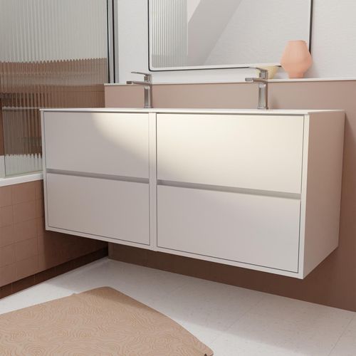 Pack Meuble Salle De Bains 120 Cm Laque Blanc, 4 Tiroirs Avec Vasque Céramique - Xenos