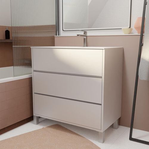 Pack Meuble Salle De Bains 80 Cm Laqué Blanc, 3 Tiroirs Avec Vasque Céramique - Xenos