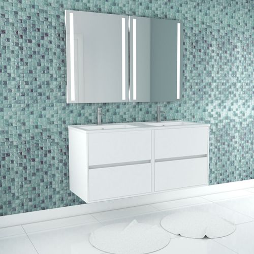 Meuble Salle De Bains 120 Cm Laqué Blanc 4 Tiroirs, Vasque, Miroirs 60x80 À Leds Intégrées - Xenos