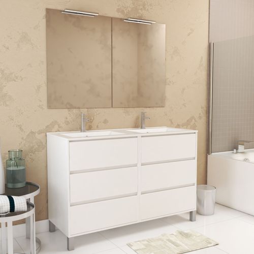 Meuble Salle De Bains 120 Cm Laqué Blanc 6 Tiroirs, Vasque, Miroirs 60x80 Et Réglettes Led - Xenos