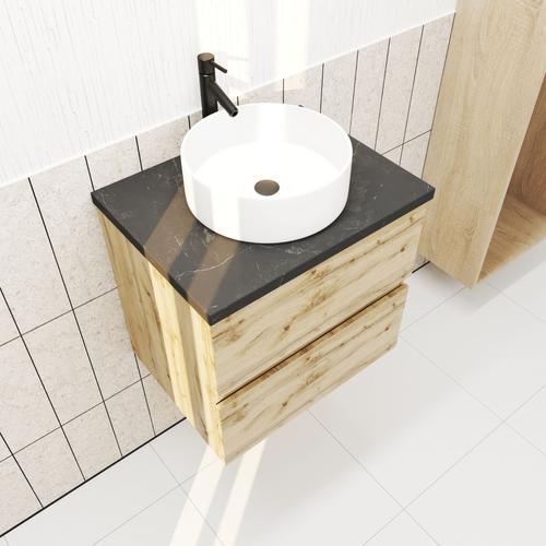 Meuble Salle De Bains 60cm Chêne Naturel 2 Tiroirs - Plan Effet Marbre Noir + Vasque Ronde Blanche