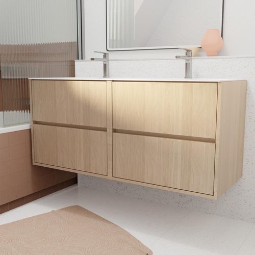 Pack Meuble Salle De Bains 120 Cm Chêne Clair, 4 Tiroirs Avec Vasque Céramique - Xenos