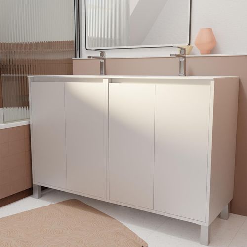 Pack Meuble Salle De Bains 120 Cm Laqué Blanc, 4 Portes Avec Vasque Céramique - Xenos
