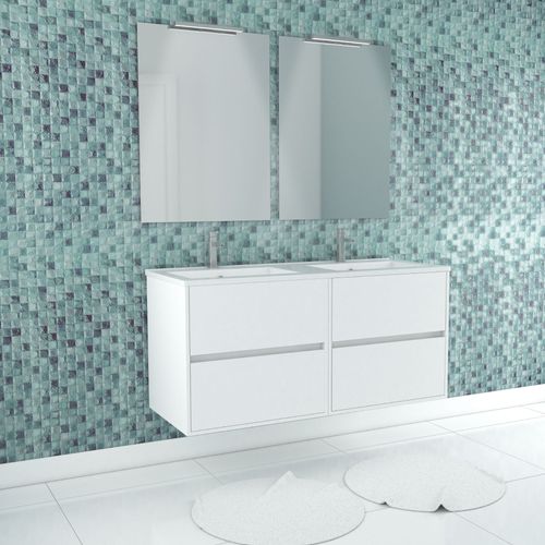Meuble Salle De Bains 120 Cm Laqué Blanc 4 Tiroirs, Vasque, Miroirs 60x80 Et Réglettes Led - Xenos