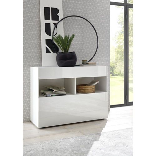 Buffet 1 Tiroir Et 1 Porte Abattante, Collection Sultano, Coloris Blanc, Idéal Dans Votre Salon Ou Salle À Manger