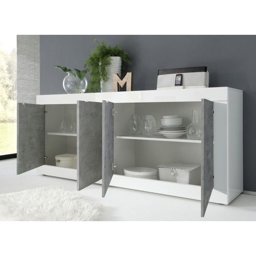 Buffet 4 Portes, Collection Cisa, Coloris Blanc Et Gris Effet Béton, Idéal Pour Un Salon Ou Une Salle À Manger Design