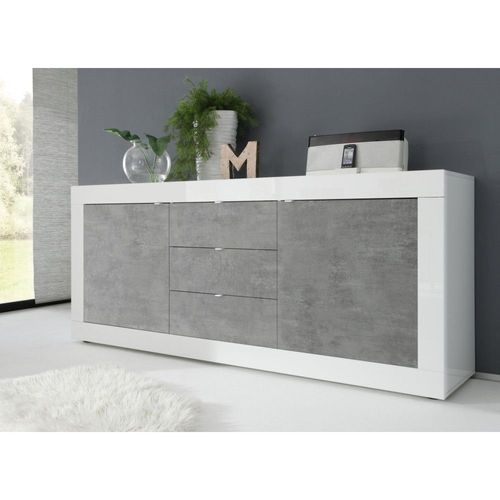 Buffet 2 Portes Et 3 Tiroirs, Collection Cisa, Coloris Blanc Et Gris Effet Béton
