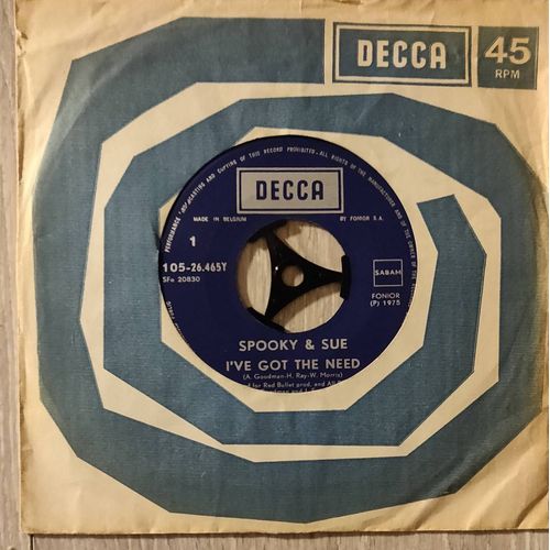 Spooky & Sue " I've Got The Need / Lady Stay " Vinyl 45 Trs. Belgique 1975, Soul.