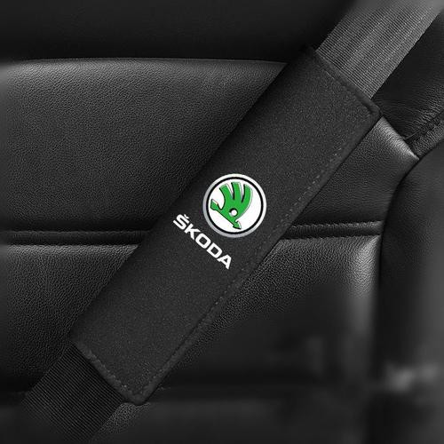 2pcs Housses Noir En Cuir Véritable De Voiture Pour Ceintures De Sécurité-Housse Protection Harnais D'épaule Pour Skoda-Taille:22cm * 6cm * 2.5cm