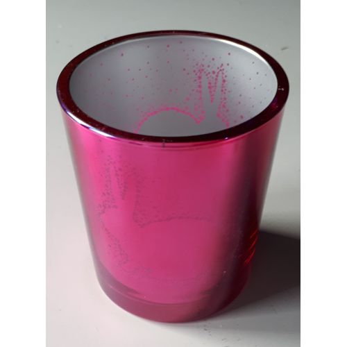 Porte bougie Partylite avec illusion de lapin sur fond rouge brillant - en verre hauteur 7.5cm - avec sachet de tissu de rangement - dans le carton d'origine mais sans bougie