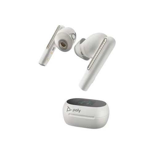Poly Voyager Free 60+ UC - Écouteurs sans fil avec micro - intra-auriculaire - Bluetooth - Suppresseur de bruit actif - USB-A via adaptateur Bluetooth - blanc sable - certifié Zoom