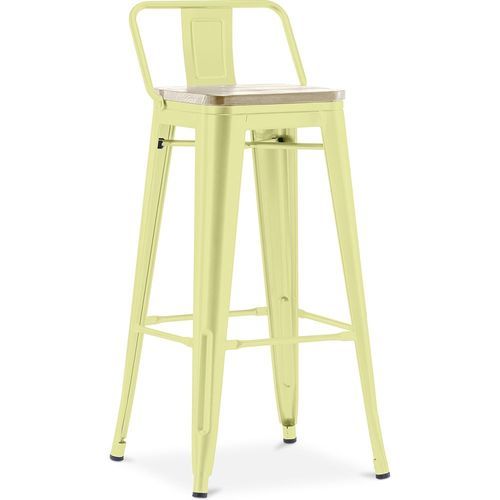 Tabouret De Bar Avec Petit Dossier Bistrot Metalix Design Industriel En Métal Et Bois Clair - 76 Cm - Nouvelle Édition Jaune Pâle