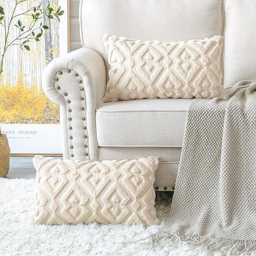 2 Pieces Doux Peluche Laine Courte Velours Décoratif Housses De Coussin Luxe Style Pour Canapé Chambre - Modernes Forme De Diamant Beige, 30 X 50 Cm