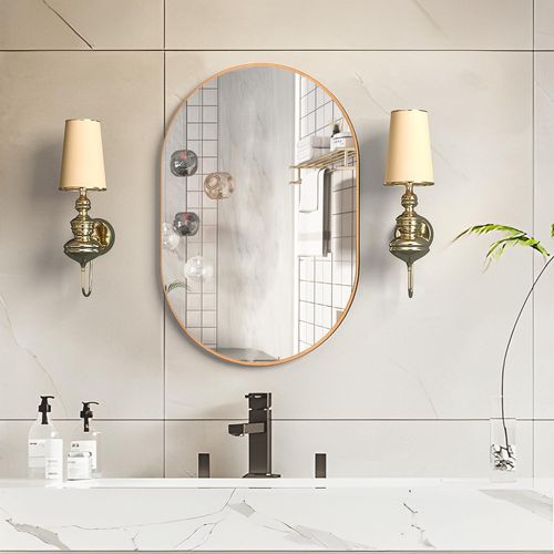 Elemango Ovale Miroir de Salle de Bain, 50x75cm Miroir Mural Ovale, Doré Miroirs Ovales pour Meubles Lavabos, Capsule Miroir Mural, Moderne Or Ovale en Aluminium Miroir