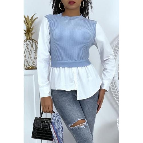 Haut Bi-Matière Effet Chemise Et Pull Sans Manches Bleu