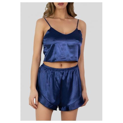 Ensemble Pyjashort Fluide En Satin Bleu Femme