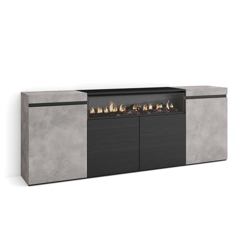Buffet Salon Et Cuisine, Meuble De Rangement, Commode, 200x75x35cm, 4 Portes, Cheminée Électrique, Style Moderne, Ciment