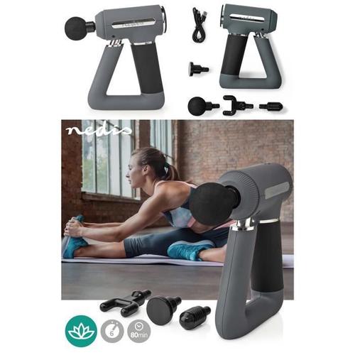 Pistolet De Massage Musculaire Nedis - 6 Niveaux Réglables - 4 Têtes De Massage - Ecran Lcd Hd - Gris