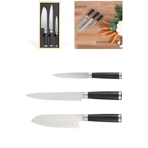 Set 3 Couteaux Type Japonais Avec Coffret En Bois En Acier Inoxydable