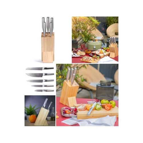 Set De 5 Couteaux En Acier Inoxydable Bloc Bois 1 Couteau Chef 1 Couteau À Pain 1 Couteau De Cuisine 1 Couteau Tranchelard Un Coutea