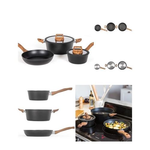 Batterie De Cuisine 5 Pièces Aluminium Forgé Revêtement Antiadhésif Compatible Tous Feux Dont Induction Manches Bois