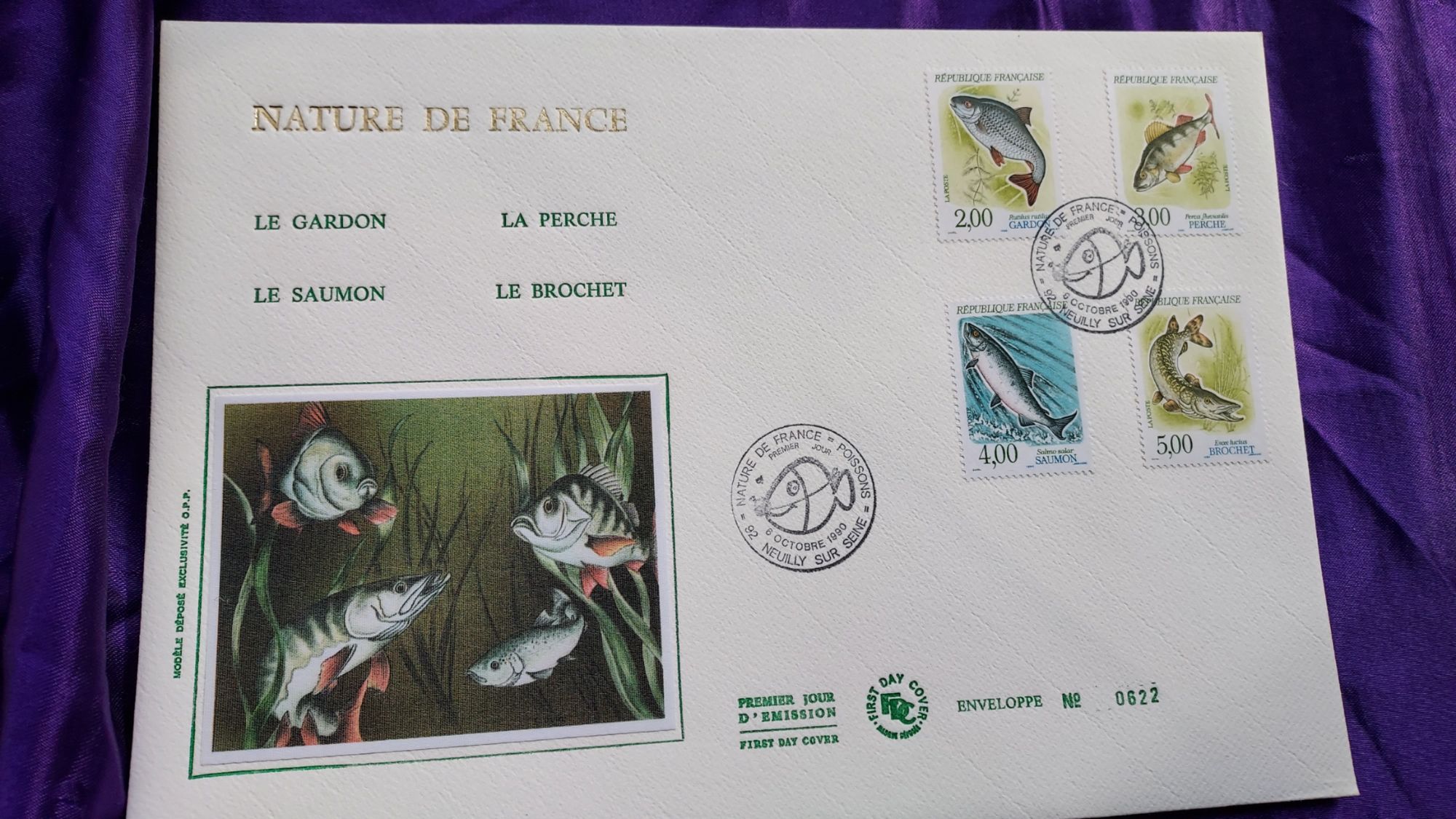 Grande Enveloppe Premier Jour D'émission Avec Ses Timbres Nature De France Le Saumon La Perche Le Gardon Le Brochet Avec Illustration Satinée 25 X 17.5 Cm 8 Octobre 1990