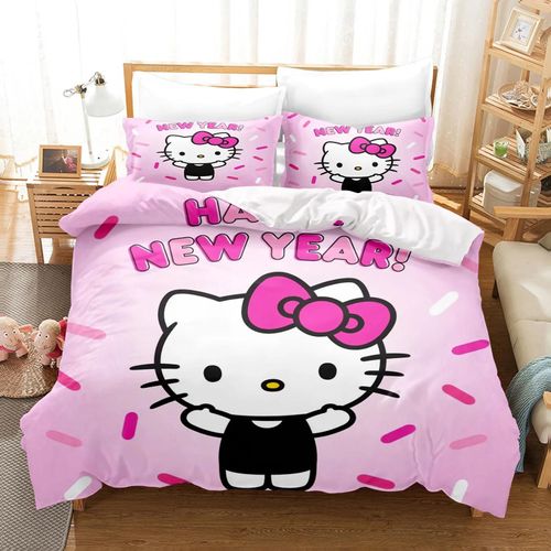 Parure De Lit Hello Kitty 3 Pieces Avec Housse De Couette Et Taie D'oreiller Pour Lit Double