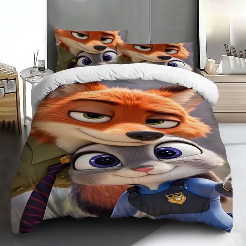 Parure De Lit 2/3 Pieces Zootopia Judy Nick Avec Housse De Couette Et 1/2 Taies D'oreiller, Motif Imprime Multicolore, Douce Et Confortable.