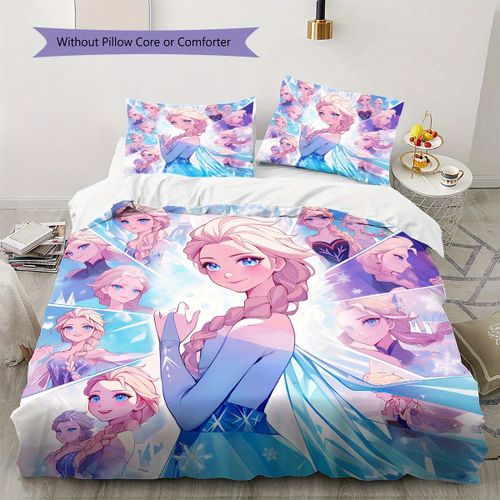 Parure De Lit La Reine Des Neiges Elsa, Robe Bleue, Motif Flocons De Neige ¿ Housse De Couette Et Taies D'oreiller En Polyester Doux, Decoration D'intérieur Personnalisée Pour Cham