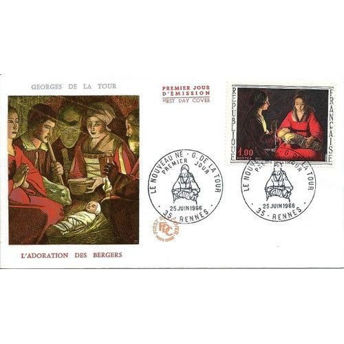 France 1966, Très Belle Enveloppe 1er Jour, Timbre Yvert 1479, Oeuvre De Georges De La Tour, "Le Nouveau Né", Très Belle Illustration Couleur Relief "L'adoration Des Bergers", Cachet De Rennes.